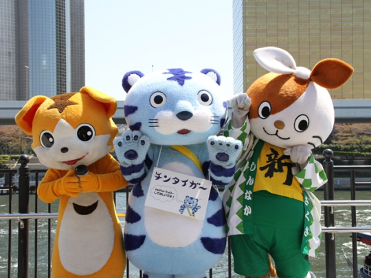 左から戸越銀次郎、チンタイガー、新にゃか。ねこ科ゆるキャラが集結!
